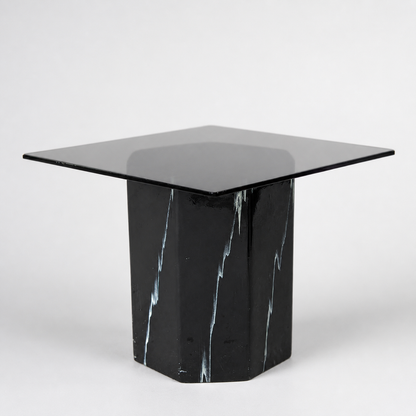 Vintage Side Table, Square Glass Top, Postmodern, Pedestal, Ceramic, Faux Marble, 80s, mid century