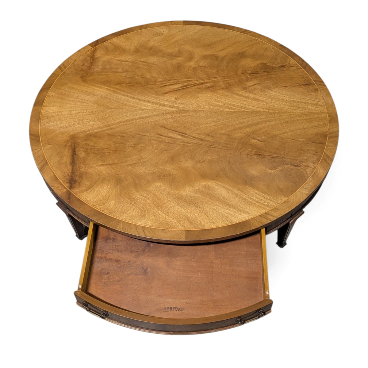 Circa 1957 Heritage Round Mahogany Coffee Table with Drawer