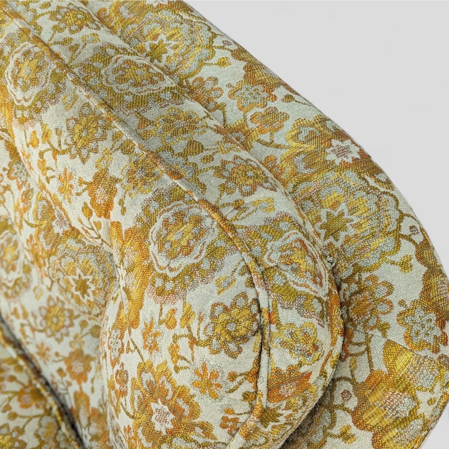 Vintage Hollywood Regency Floral Brocade Tufted Sofa, Yellow, Maximalist, MCM, Retro, Fun, Living Room