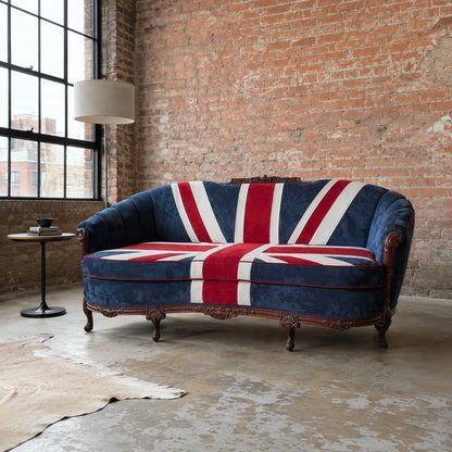 Vintage Union Jack Upholstered Sofa with Ornate Carved Wood Frame