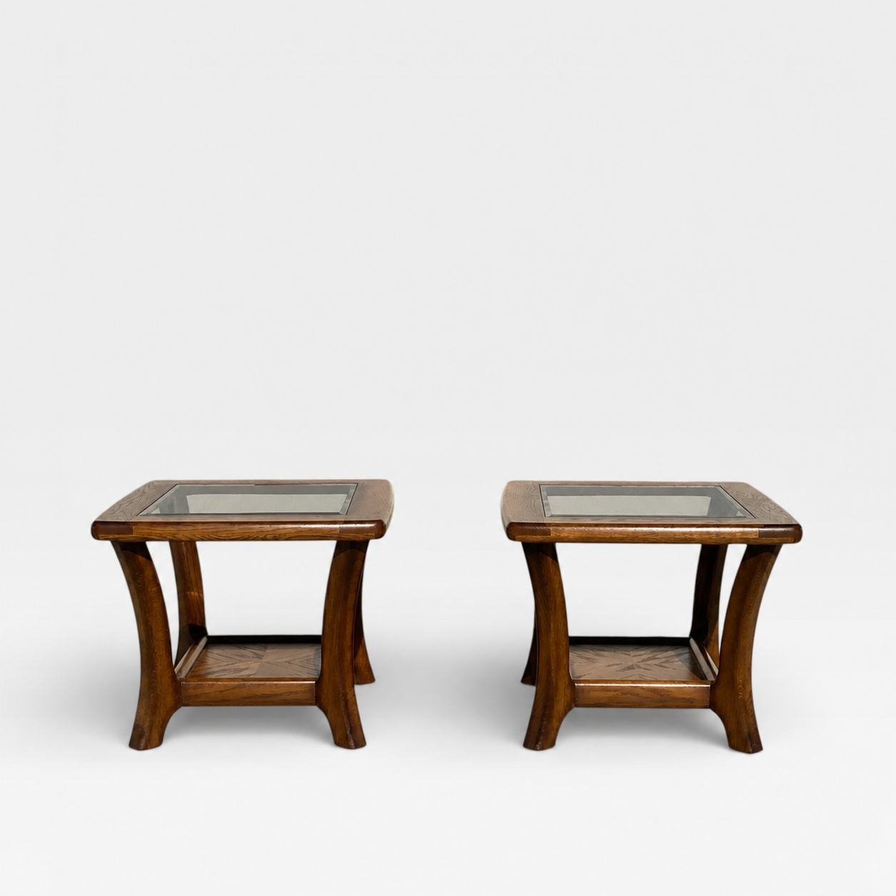 Oak Side Tables with Smoked Glass Tops, c. 1970s–80s — view 12 of 21