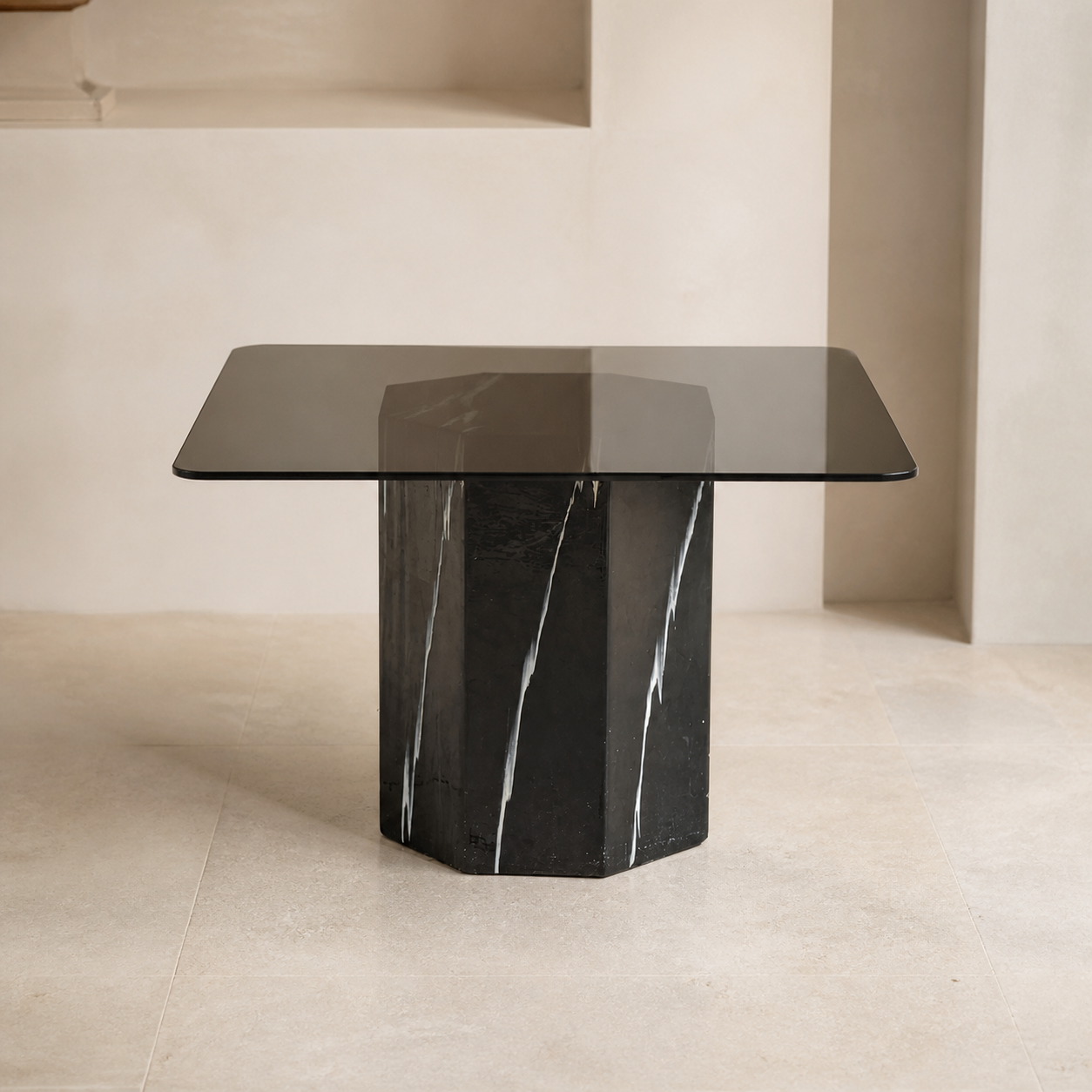 Vintage Side Table, Square Glass Top, Postmodern, Pedestal, Ceramic, Faux Marble, 80s, mid century — view 12 of 17