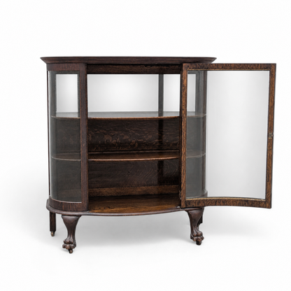 Vintage Curved Glass China Cabinet – Bow Front Display Hutch w/ Claw Feet, 49" Wide, Early 20th Century Style