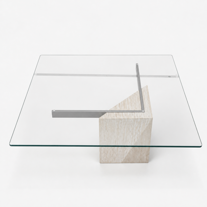 Postmodern Square Glass Coffee Table – Travertine Base, Silver Cross Bars, 1980s Sculptural Minimalist