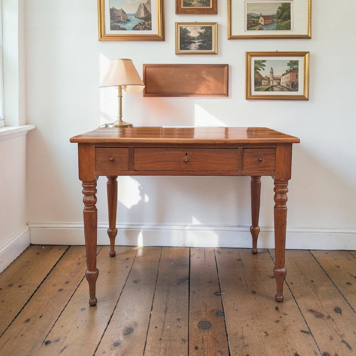 Antique Solid-Wood Writing Desk with Turned Legs and Drawer