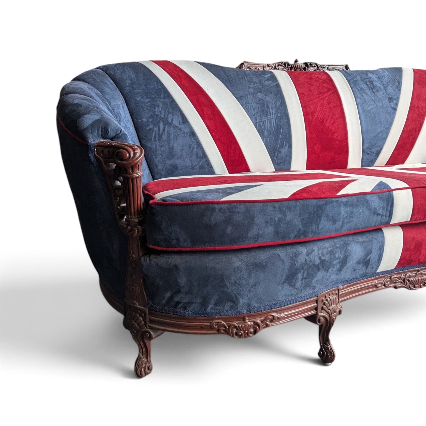 Vintage Union Jack Upholstered Sofa with Ornate Carved Wood Frame