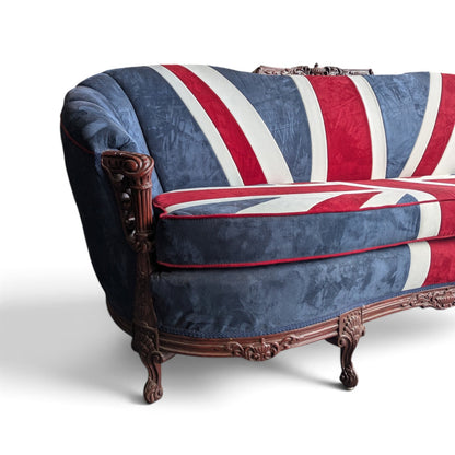 Vintage Union Jack Upholstered Sofa with Ornate Carved Wood Frame