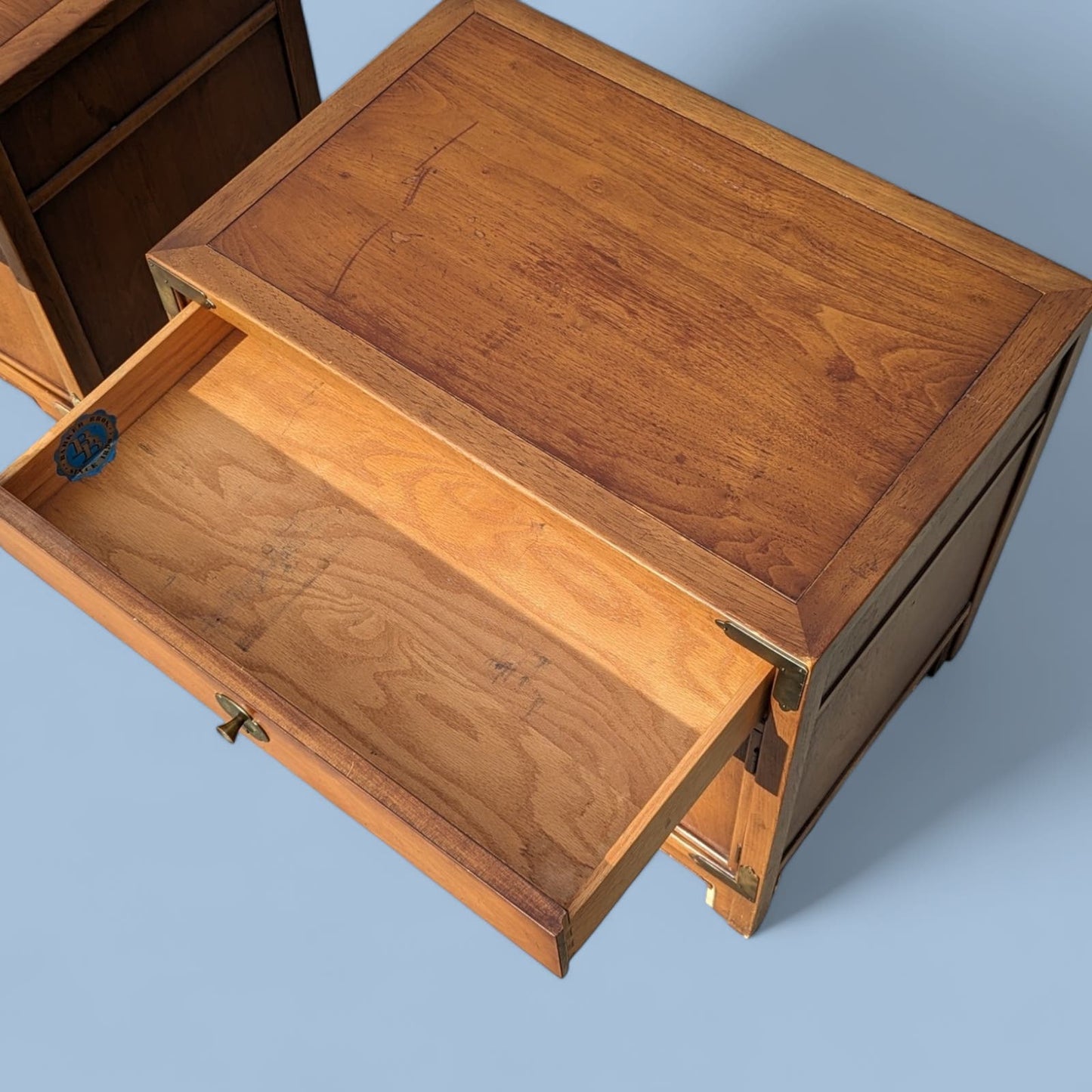 Nightstands by Drexel, Compass Collection, Mid Century, 1950s, MCM, Walnut, Brass, Chinoserie