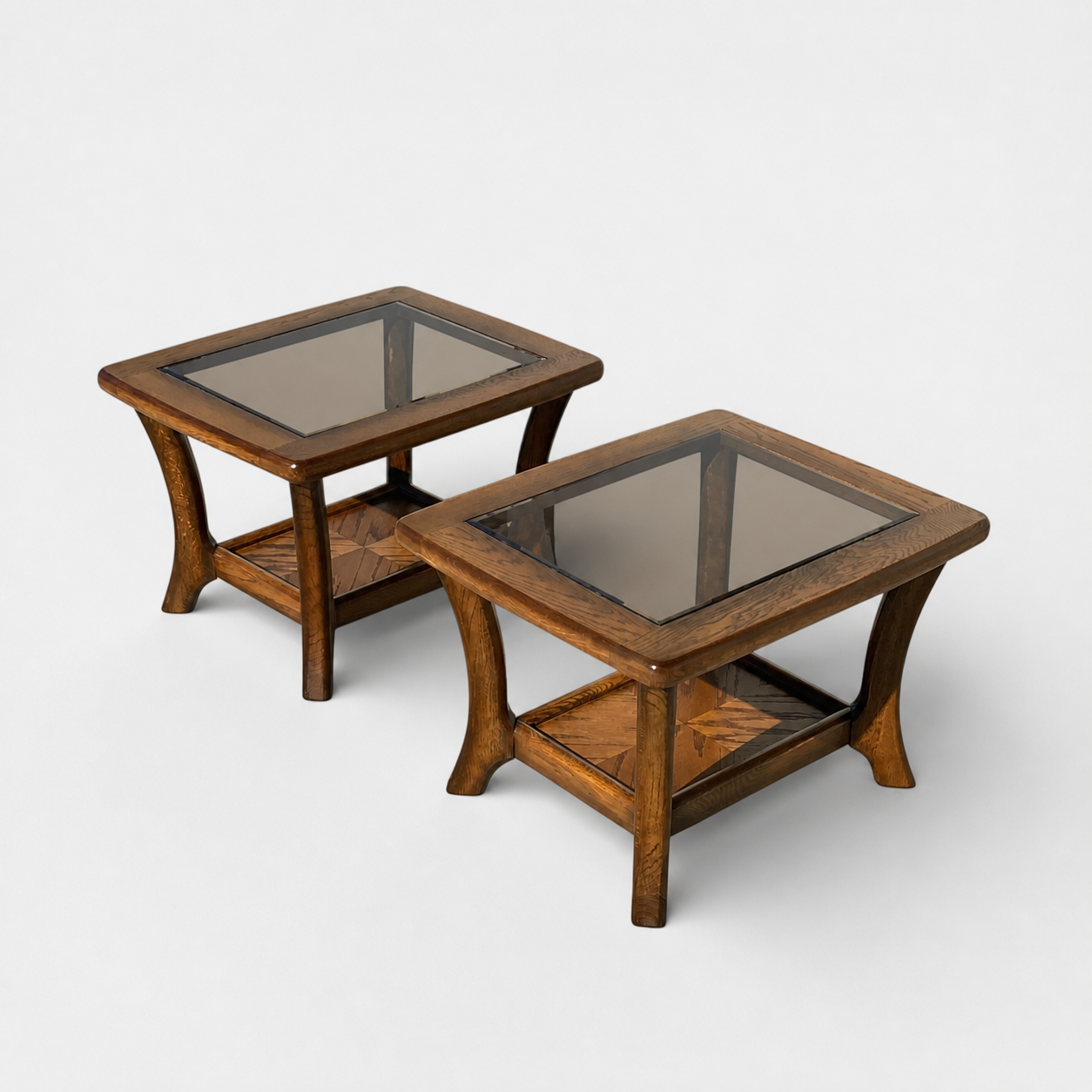 Oak Side Tables with Smoked Glass Tops, c. 1970s–80s