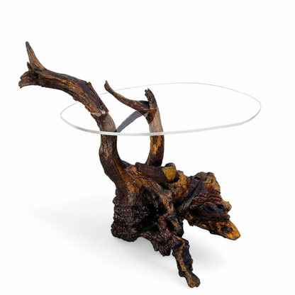 Vintage Driftwood Side Table with Acrylic Top