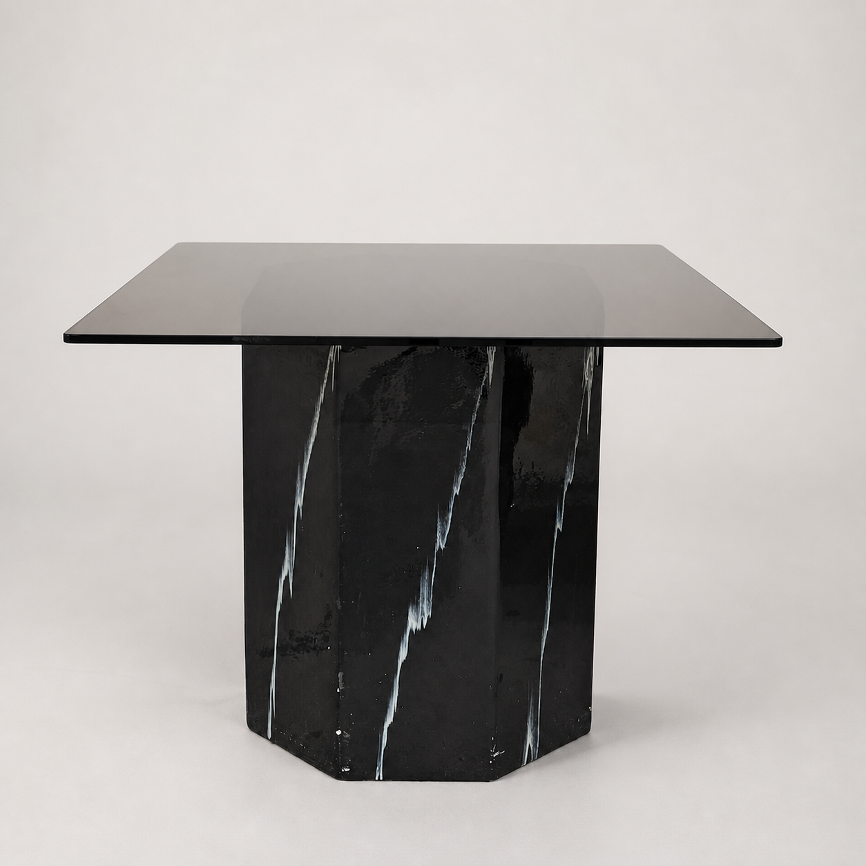 Vintage Side Table, Square Glass Top, Postmodern, Pedestal, Ceramic, Faux Marble, 80s, mid century — view 13 of 17
