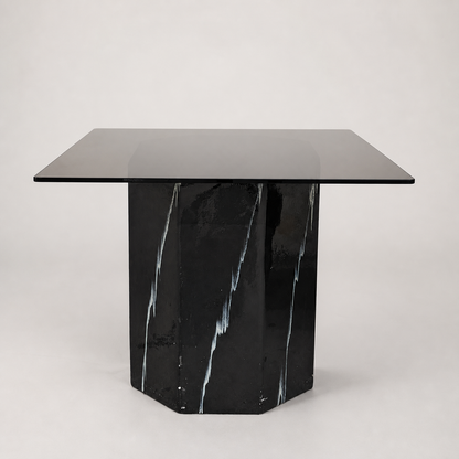 Vintage Side Table, Square Glass Top, Postmodern, Pedestal, Ceramic, Faux Marble, 80s, mid century