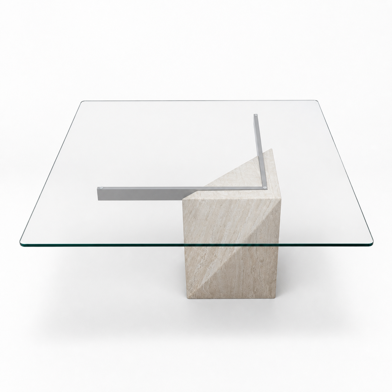 Postmodern Square Glass Coffee Table – Travertine Base, Silver Cross Bars, 1980s Sculptural Minimalist — view 13 of 16