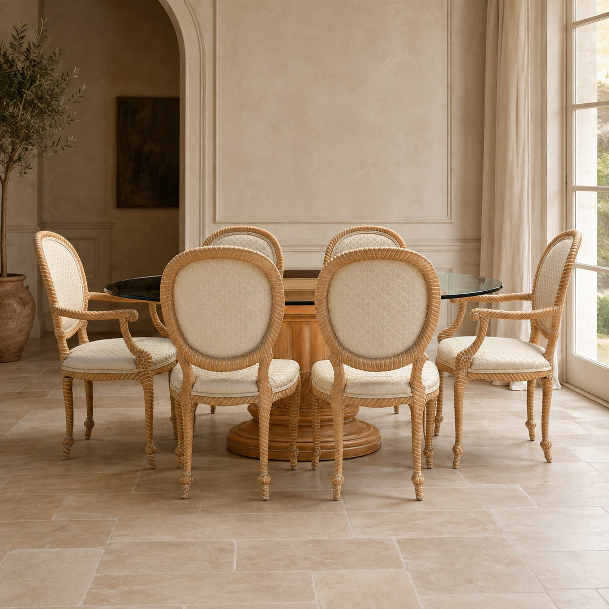 Vintage Carved Wood Oval Glass Dining Set with Six Upholstered Chairs — view 1 of 16