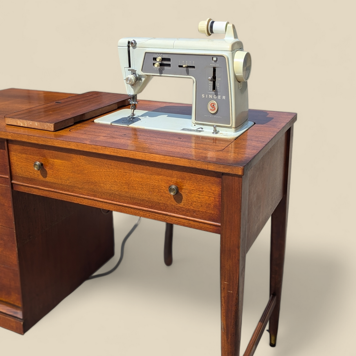 1966 Singer Slant-O-Matic 600 Sewing Machine in Mid-Century Wood Cabinet — view 14 of 18