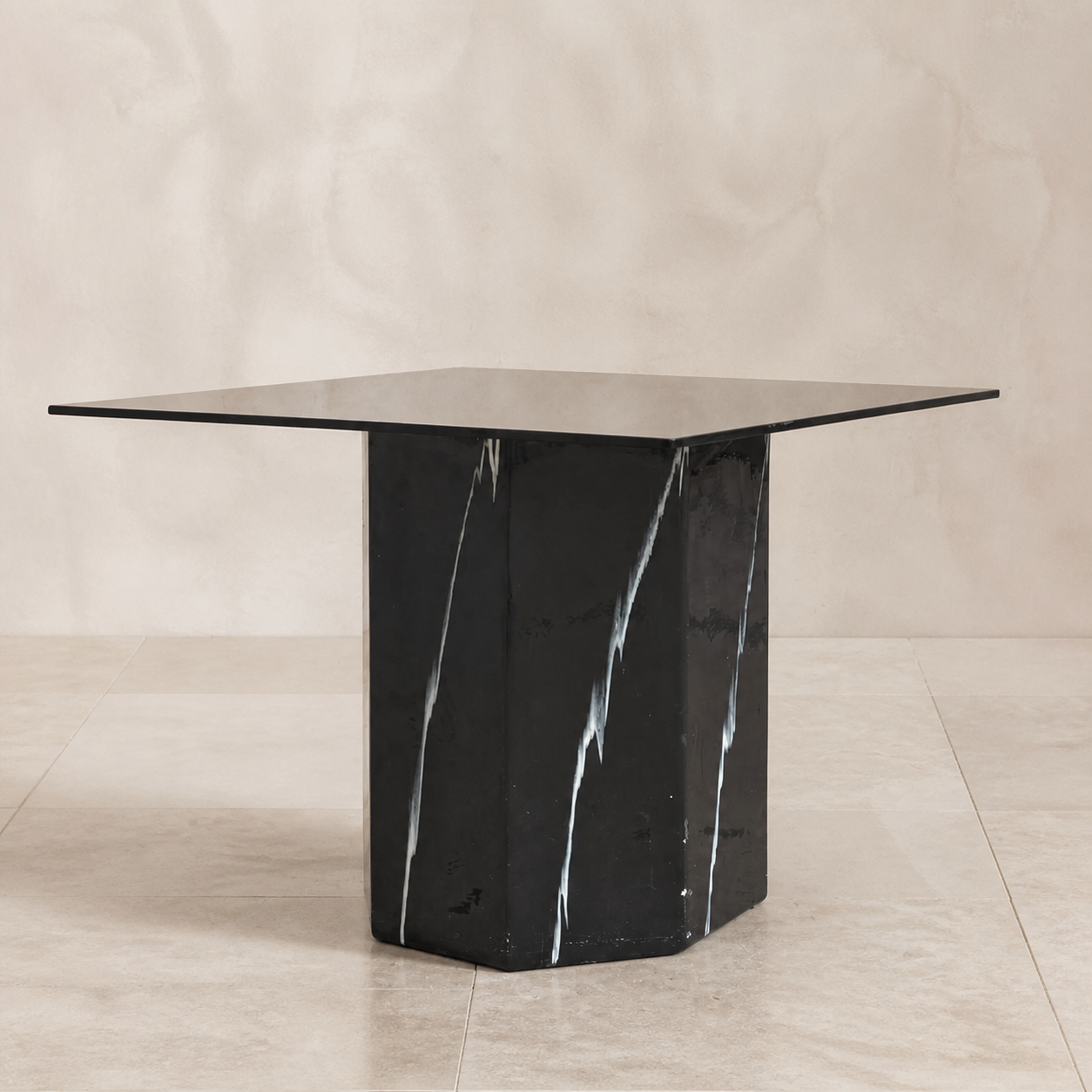 Vintage Side Table, Square Glass Top, Postmodern, Pedestal, Ceramic, Faux Marble, 80s, mid century