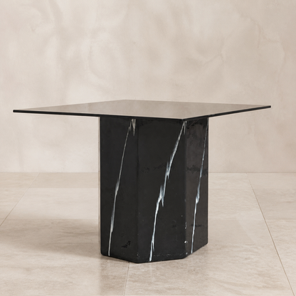 Vintage Side Table, Square Glass Top, Postmodern, Pedestal, Ceramic, Faux Marble, 80s, mid century