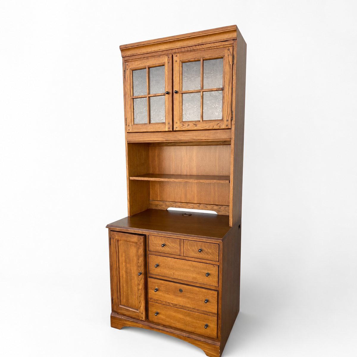 Cottage-Style Oak Hutch Cabinets, Pair