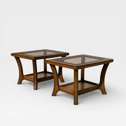 Oak Side Tables with Smoked Glass Tops, c. 1970s–80s