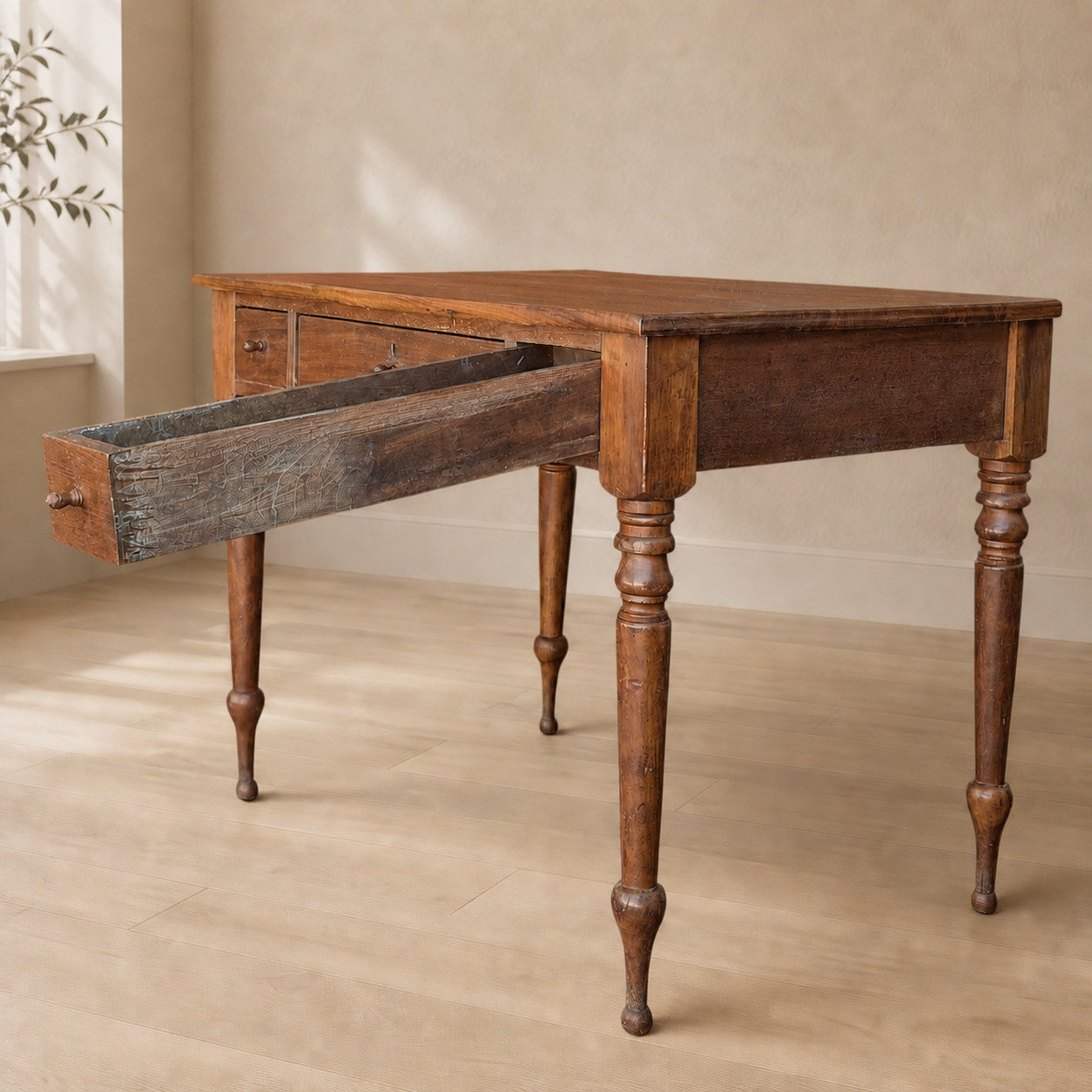 Antique Walnut Three-Drawer Writing Desk with Turned Legs