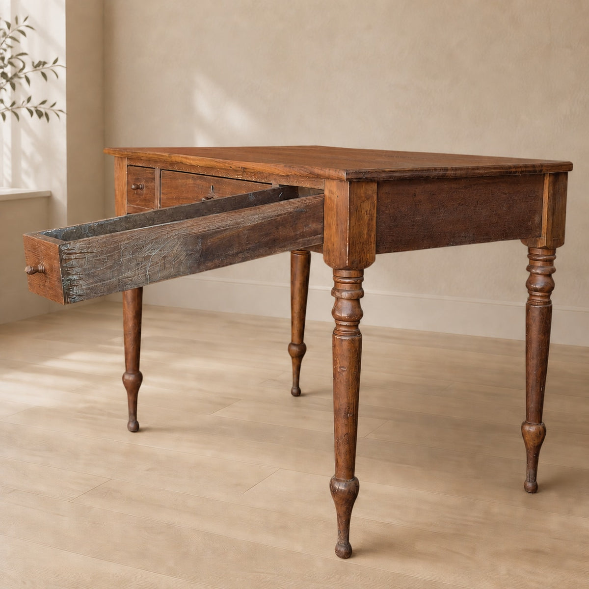 Antique Walnut Three-Drawer Writing Desk with Turned Legs — view 13 of 16