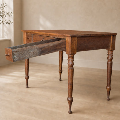 Antique Walnut Three-Drawer Writing Desk with Turned Legs