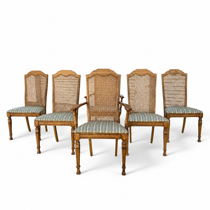 1970s Vintage Oak & Cane High-Back Dining Chairs, Set of Six