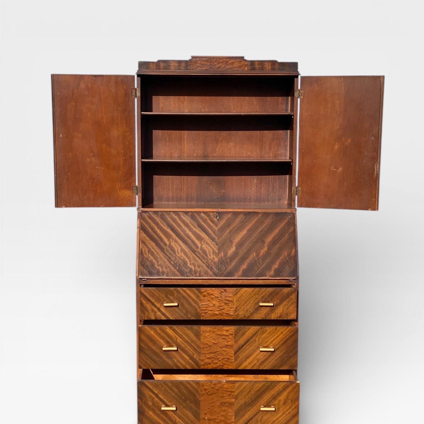 Art Deco Secretary Desk with Drop-Front Writing Surface and Chevron Veneer, 1930s