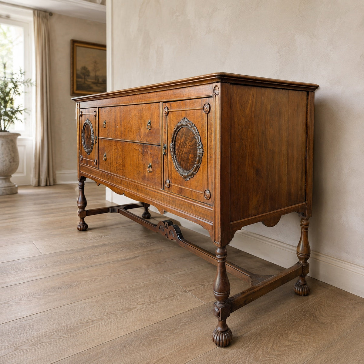 Antique Jacobean Revival Figured Wood Sideboard with Carved Medallions