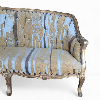 Early 20th Century French-Style Carved Wood Sofa with Striped Upholstery