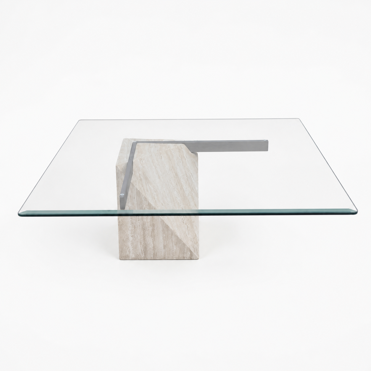 Postmodern Square Glass Coffee Table – Travertine Base, Silver Cross Bars, 1980s Sculptural Minimalist — view 16 of 16