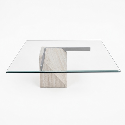 Postmodern Square Glass Coffee Table – Travertine Base, Silver Cross Bars, 1980s Sculptural Minimalist