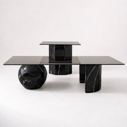 Vintage Side Table, Square Glass Top, Postmodern, Pedestal, Ceramic, Faux Marble, 80s, mid century