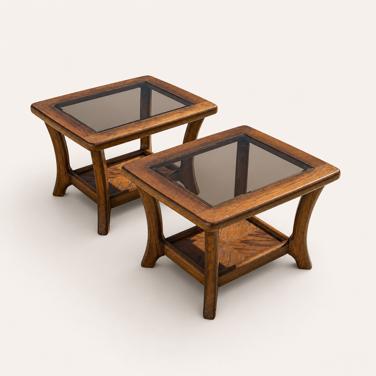 Oak Side Tables with Smoked Glass Tops, c. 1970s–80s
