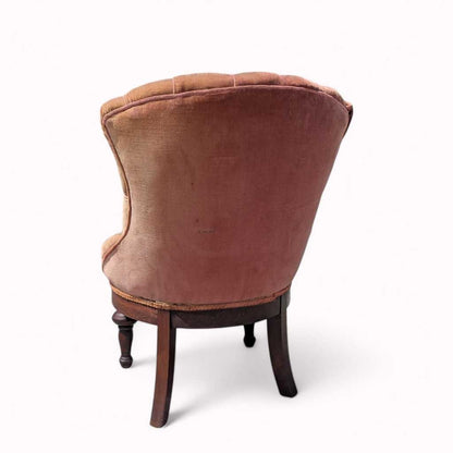 Victorian Style Tufted Slipper Chair – Pink Velvet Upholstery, Carved Wood Base, Antique Accent Chair