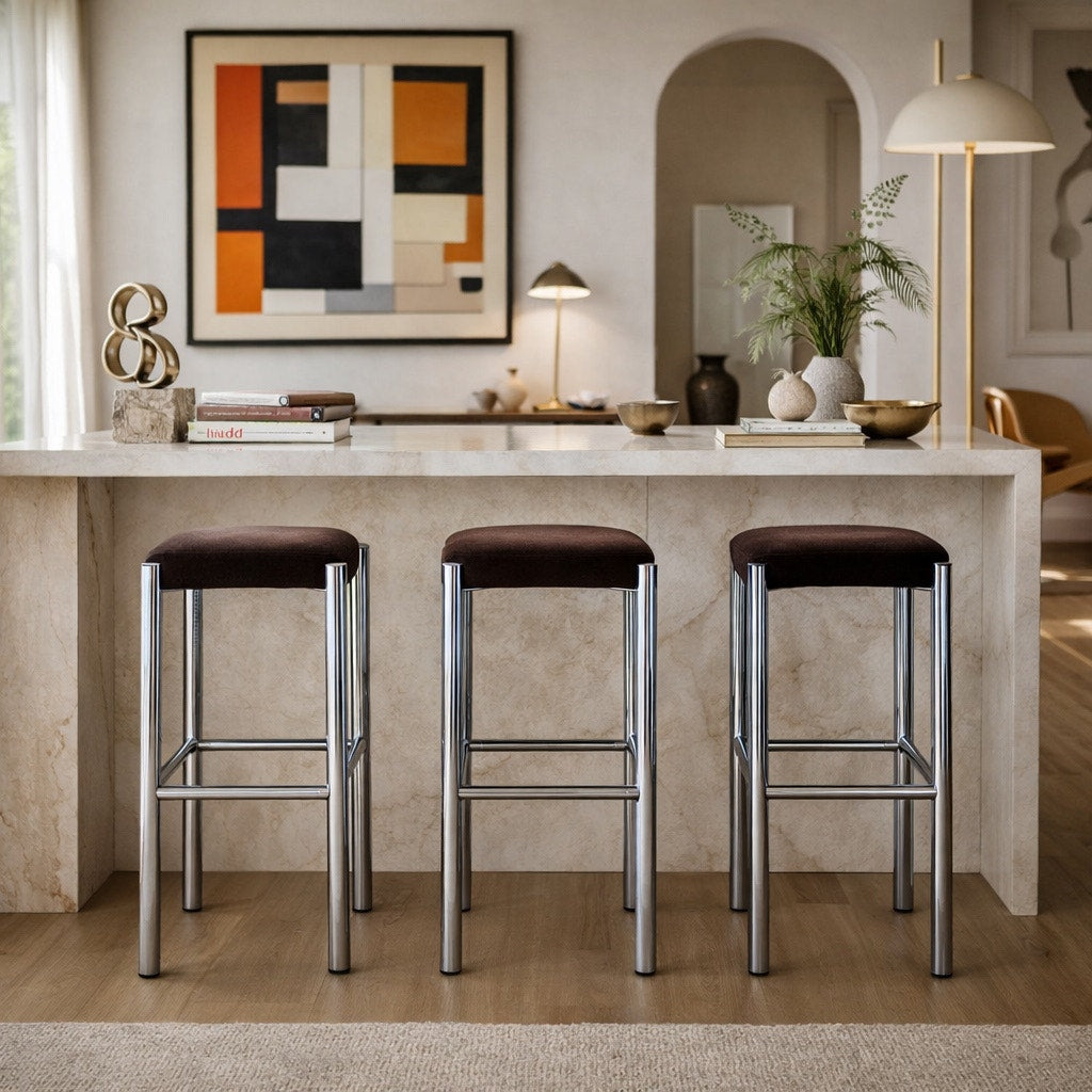 Chrome Bar Stools Set of 3 with Chocolate Velvet Seats