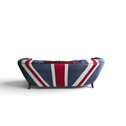 Vintage Union Jack Upholstered Sofa with Ornate Carved Wood Frame