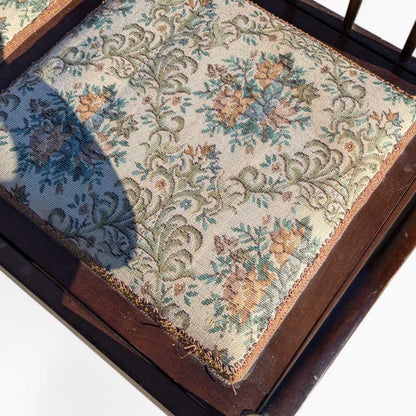 Vintage Spindle Back Wood Settee – Floral Upholstered Bench with Curved Arms, Entryway or Hall Seating
