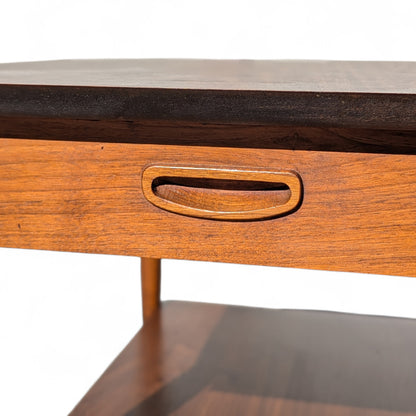 Pair of 1960s Lane Walnut Nightstands with Drawers and Lower Shelves