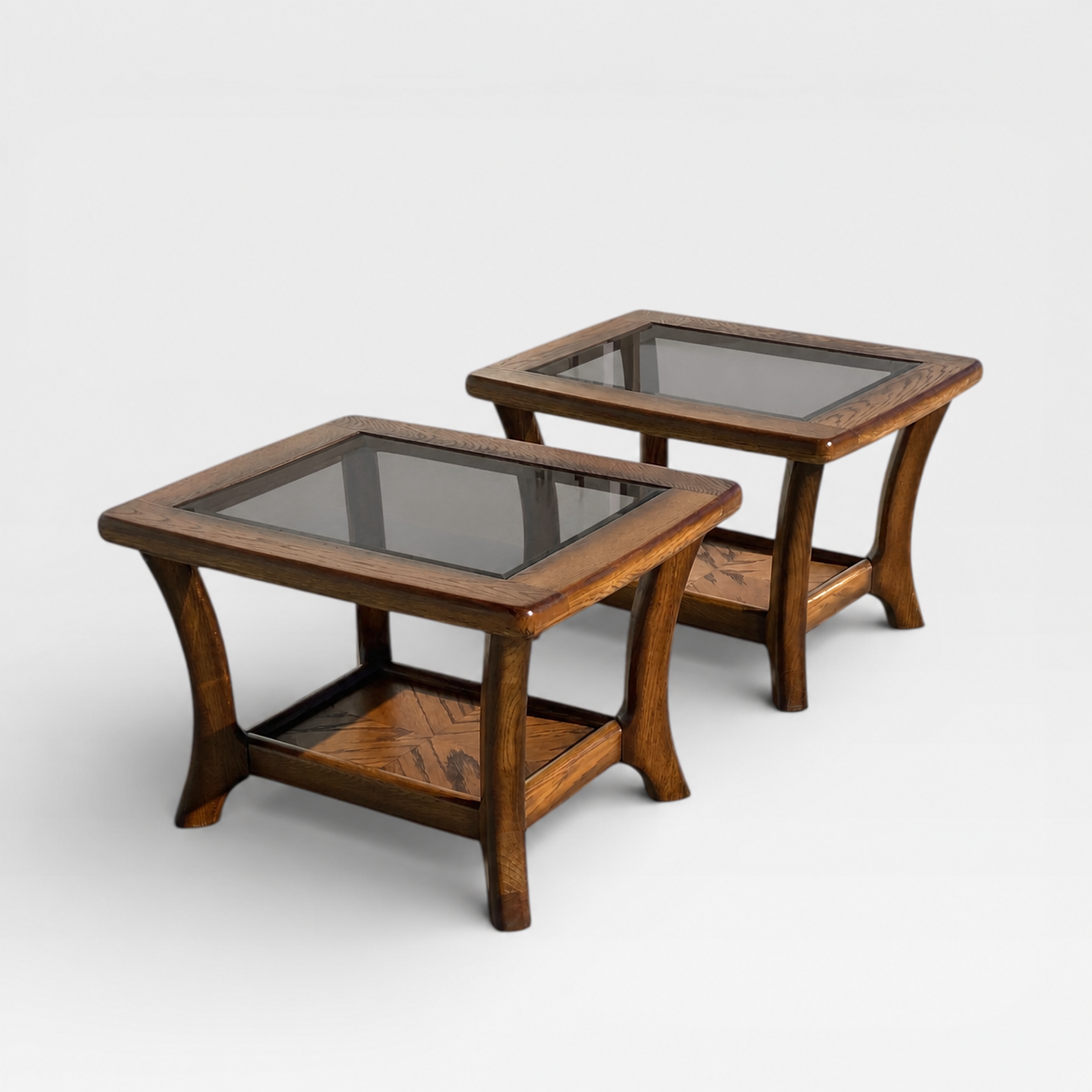 Oak Side Tables with Smoked Glass Tops, c. 1970s–80s — view 17 of 21