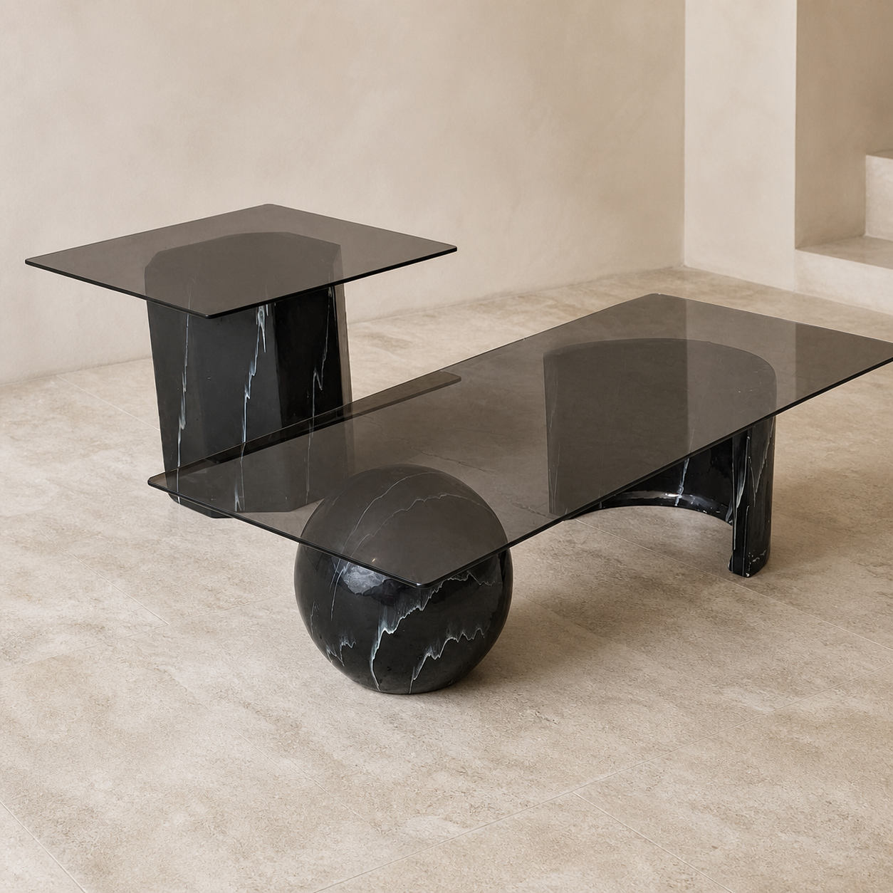 Vintage Side Table, Square Glass Top, Postmodern, Pedestal, Ceramic, Faux Marble, 80s, mid century