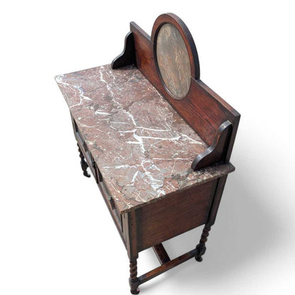 Antique Marble-Top Washstand – Oak with Barley Twist Legs and Round Marble Back, Early 1900s English