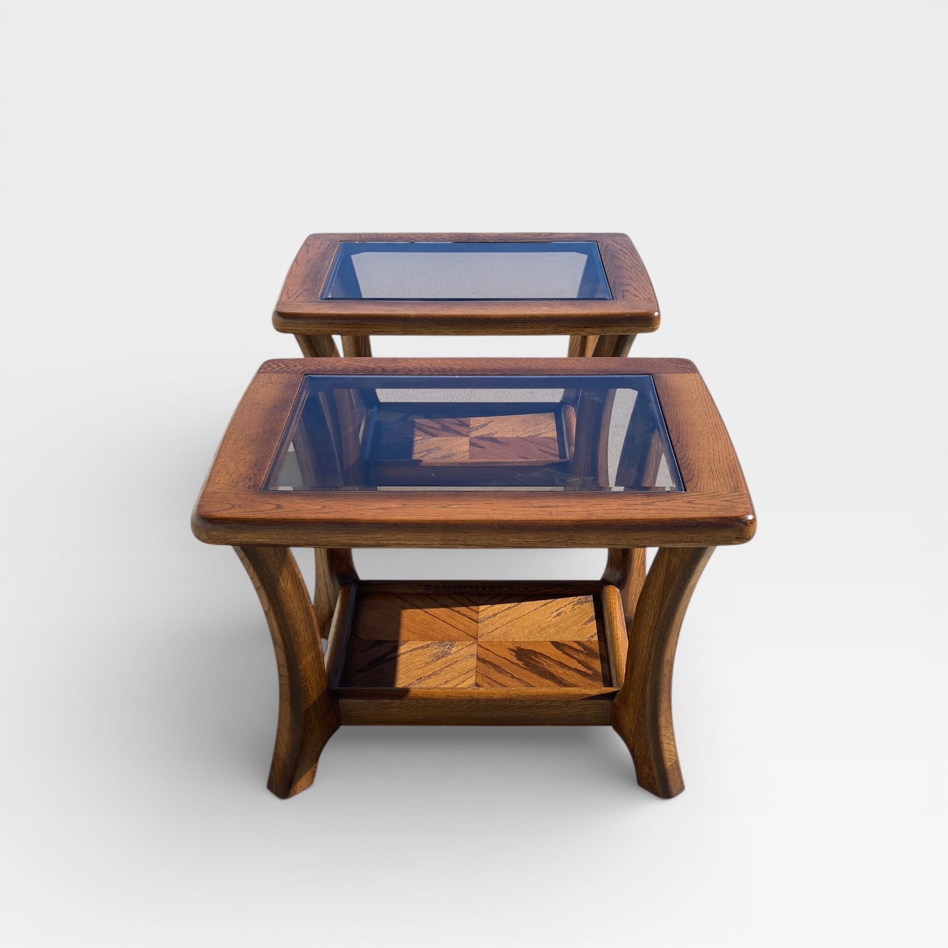 Oak Side Tables with Smoked Glass Tops, c. 1970s–80s — view 18 of 21