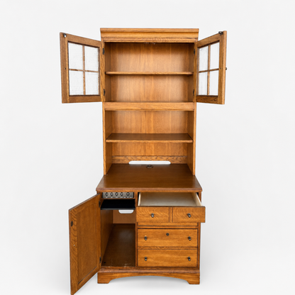 Cottage-Style Oak Hutch Cabinets, Pair