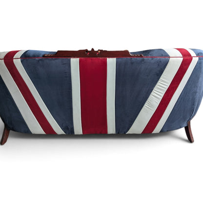 Vintage Union Jack Upholstered Sofa with Ornate Carved Wood Frame