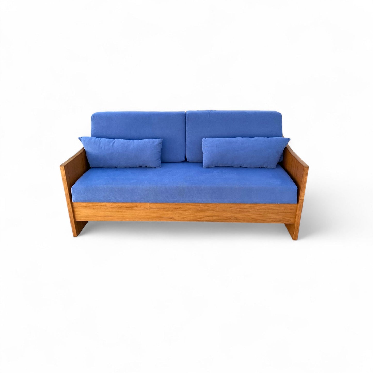 Mid-Century Canadian Teak Pull-Out Sofa Bed in Blue Upholstery, 1970s Modern Convertible Sleeper
