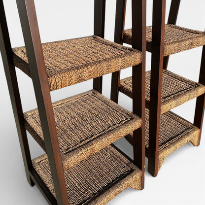Pair of Sculptural Wooden Étagère Shelves with Woven Rush Shelves, Mid-20th Century