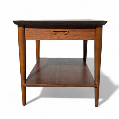 Pair of 1960s Lane Walnut Nightstands with Drawers and Lower Shelves