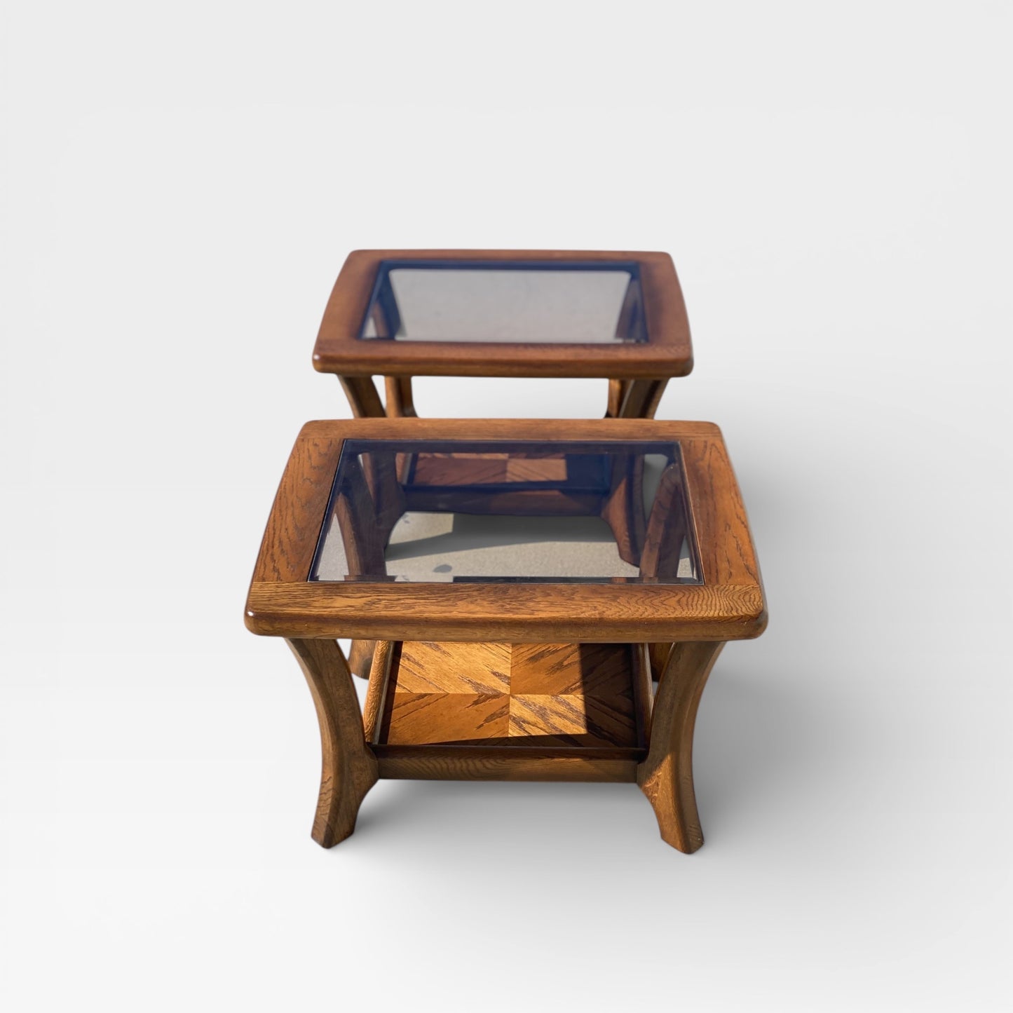 Oak Side Tables with Smoked Glass Tops, c. 1970s–80s