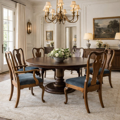 Set of Six Antique Queen Anne Walnut Dining Chairs with Slate-Blue Upholstery